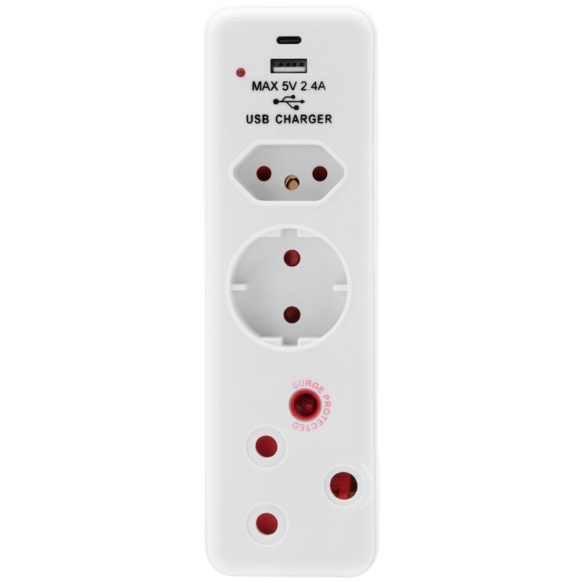 Ellies 3 Way Surge adaptor Schuko,with type C + USB - WT
