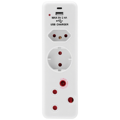 Ellies 3 Way Surge adaptor Schuko,with type C + USB - WT
