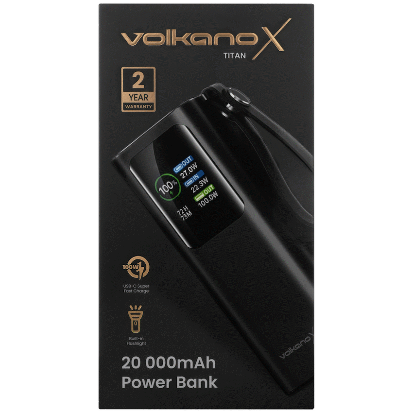 VolkanoX Titan Series - 20 000 mAh - Power Bank with retractable Type-C Cable with Flashlight