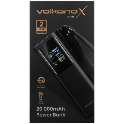 VolkanoX Titan Series - 20 000 mAh - Power Bank with retractable Type-C Cable with Flashlight