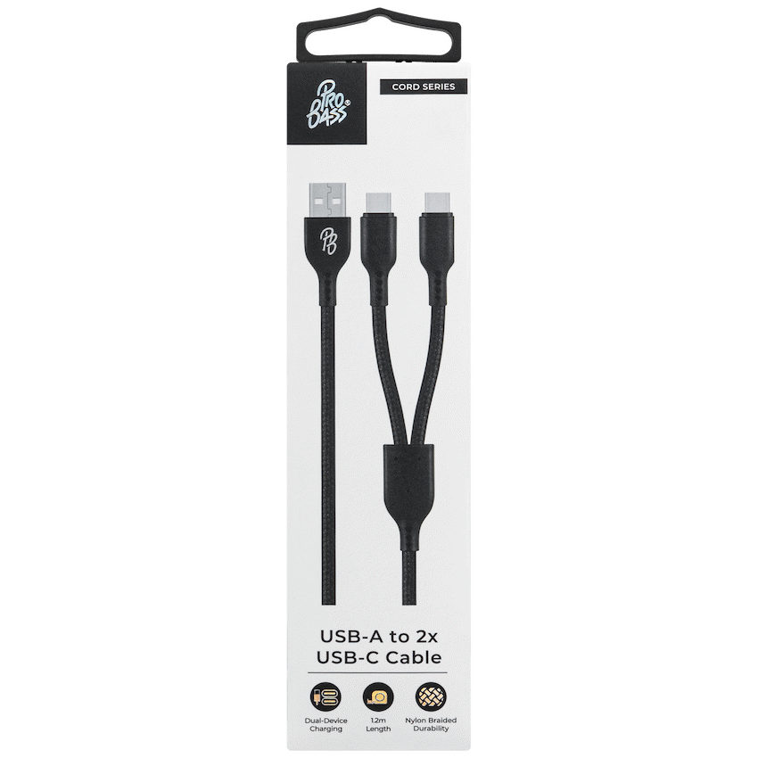 Pro Bass Cord Series 1.2m 15w USB-A to 2x USB-C Braided - Black