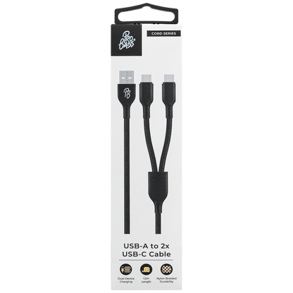 Pro Bass Cord Series 1.2m 15w USB-A to 2x USB-C Braided - Black