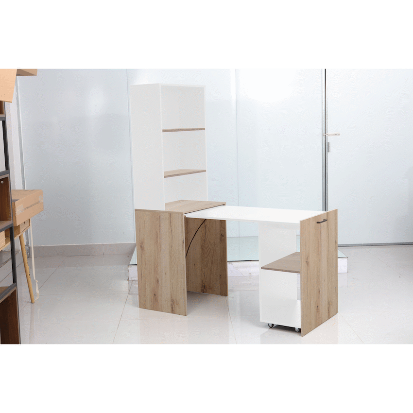Everfurn Adaptive Desk with Bookshelf - White and Light Oak