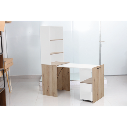 Everfurn Adaptive Desk with Bookshelf - White and Light Oak