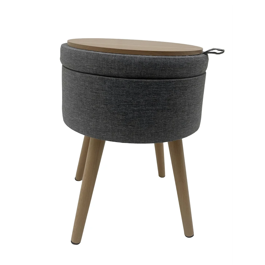 Sophie Round Storage  Stool with wooden legs - Grey
