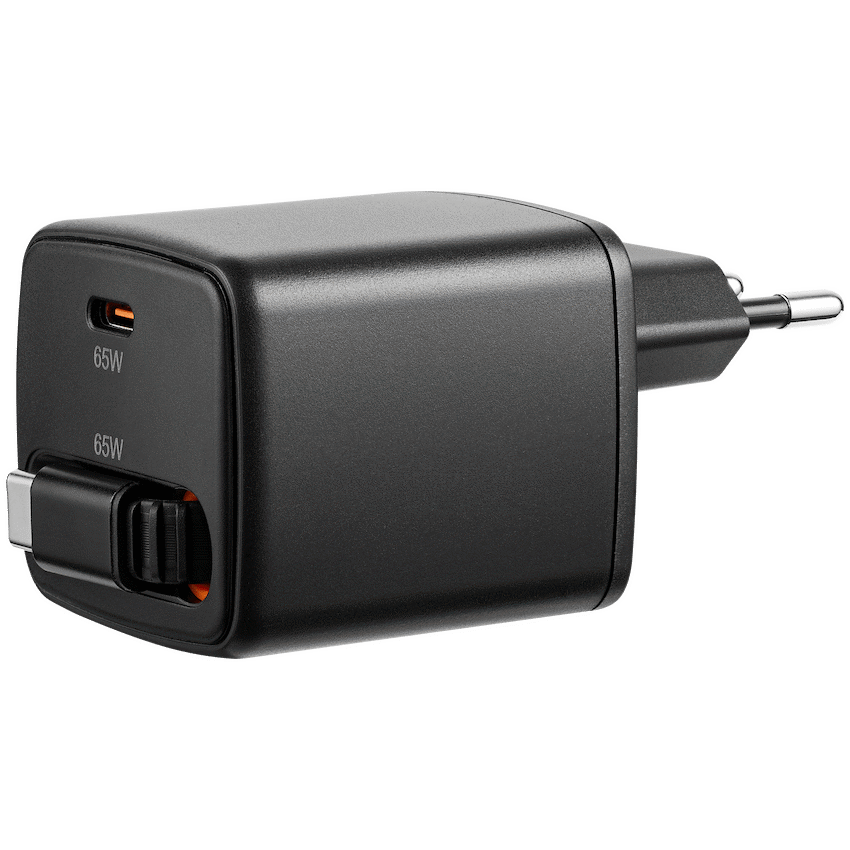 Volkano Sleek Series Fast Wall Charger 65W USB-C with Built-in Retractable 75cm Cable - Black