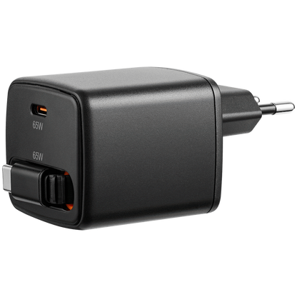Volkano Sleek Series Fast Wall Charger 65W USB-C with Built-in Retractable 75cm Cable - Black