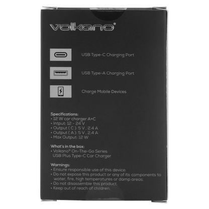 Volkano On-The-Go USB + Type-C 12w Car Charger - Black