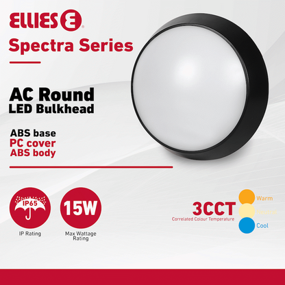 Ellies Spectra Series - AC 15W  Round LED Bulkhead with 3CCT -BK
