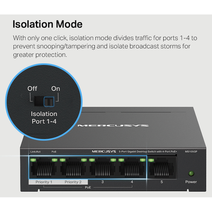 TP-Link Mercusys MS105GP 5-Port Gigabit Desktop Switch with 4-Port PoE+