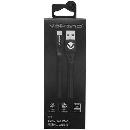 Volkano Slim Series Flat PVC Type-C Cable 1.2m - Black