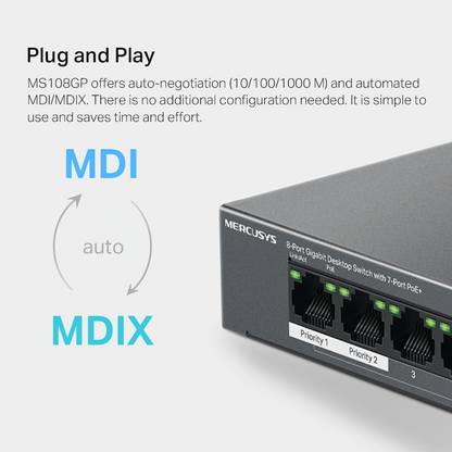 TP-Link Mercusys MS108GP 8-Port Gigabit Desktop Switch with 7-Port PoE+