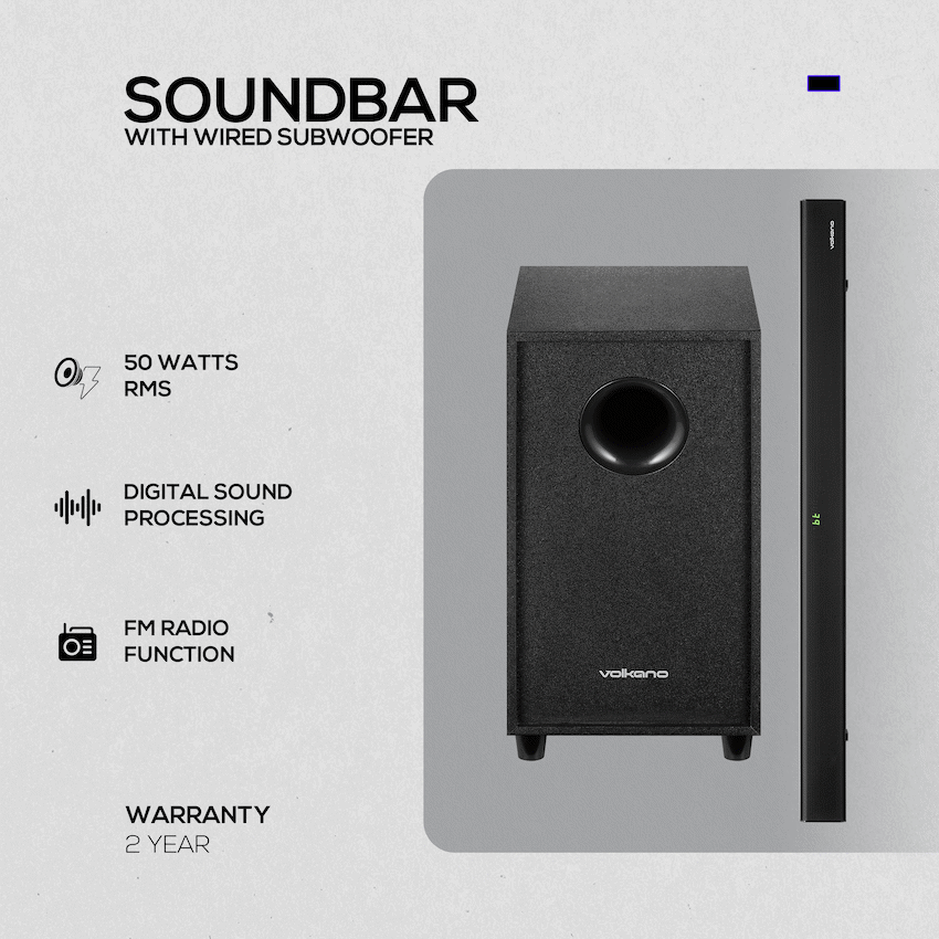 Volkano Cascade 50w Soundbar + Wired Subwoofer - Black