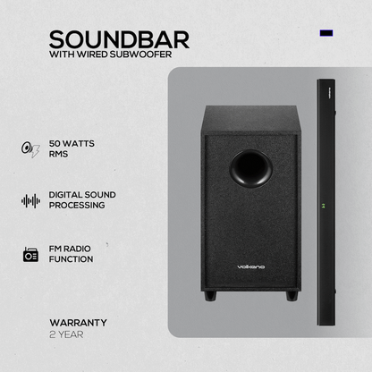 Volkano Cascade 50w Soundbar + Wired Subwoofer - Black