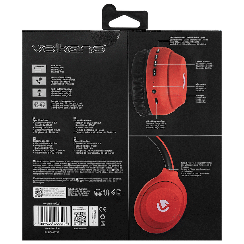 Volkano Cosmic 2 Series Bluetooth Headphones - Red