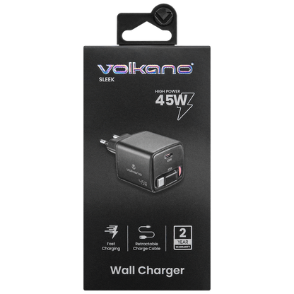 Volkano Sleek Series Fast Wall Charger 45W USB-C with Built-in Retractable 75cm Cable - Black