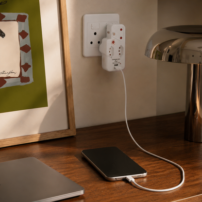Switched 3-Way Medium Surge Adaptor with Type-C + USB - White