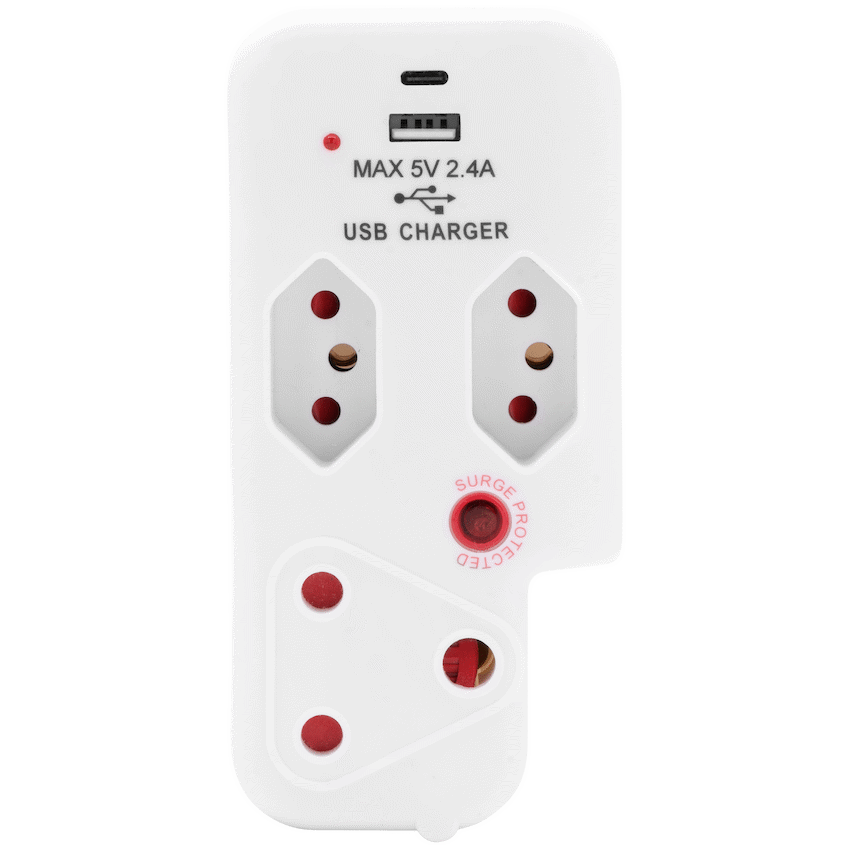 Ellies 3 Way Surge Adaptor with Type C + USB - WT