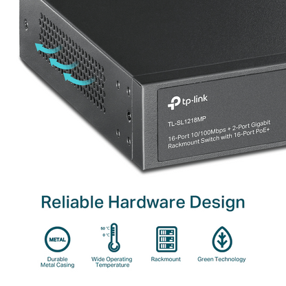TP-Link TL-SL1218MP 16-Port 10/100Mbps + 2-Port Gigabit Rackmount Switch with 16-Port PoE+