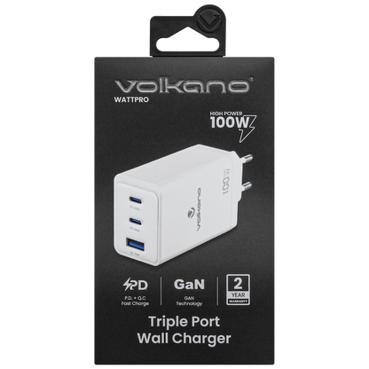 Volkano WattPro Series Triple Port 100W GaN Wall Charger - White