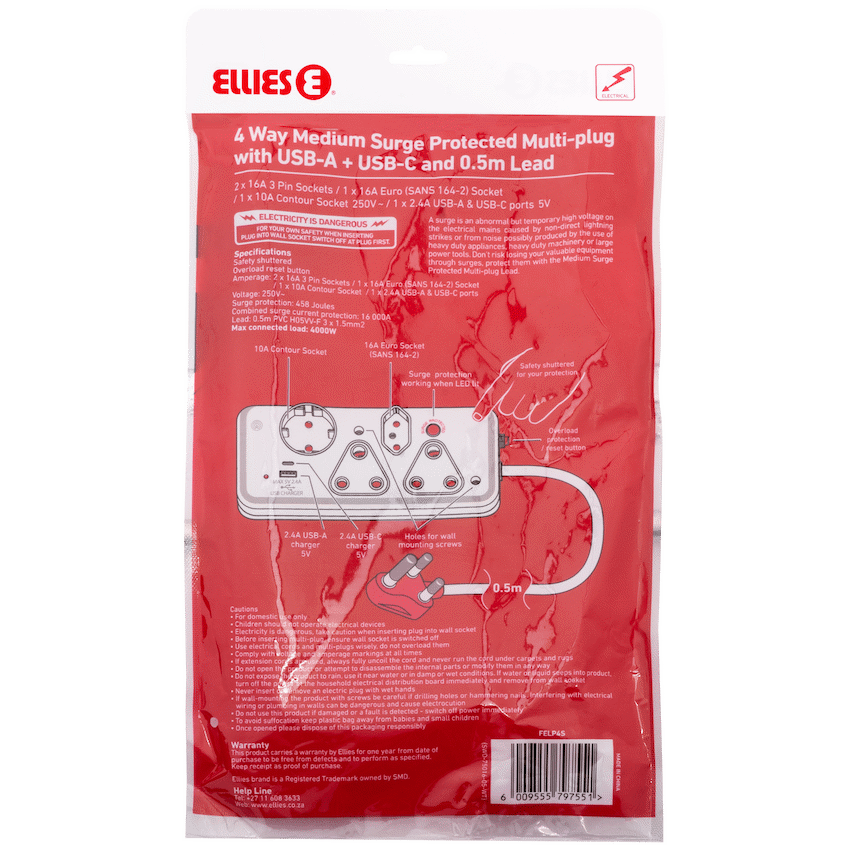 Ellies 4-Way Surge Multiplug with USB-A+USB-C 0.5m - WT
