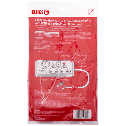Ellies 4-Way Surge Multiplug with USB-A+USB-C 0.5m - WT