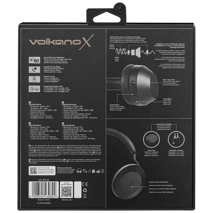 VolkanoX H400 Hybrid Active Noise Cancellation Headphones - Black