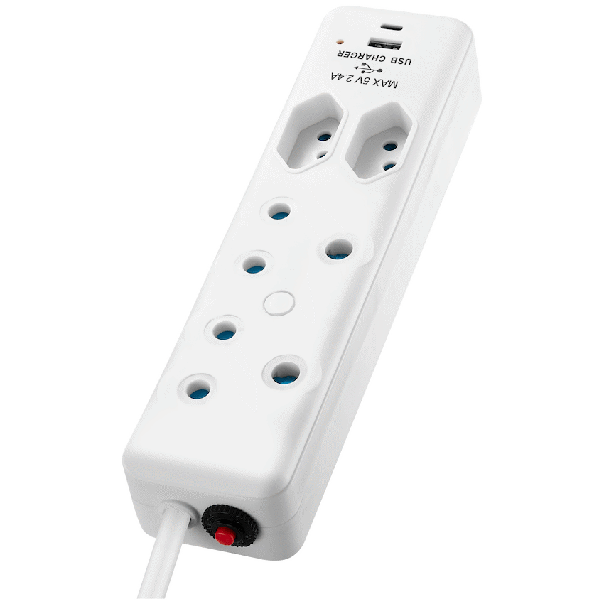 Switched 4-Way Extension Lead with 1x Type-C + 1x USB - 2m