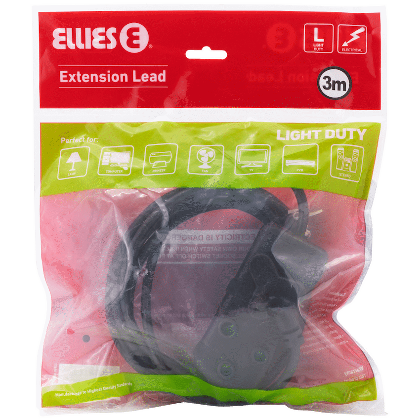 Ellies Side-by-Side Light-Duty Extension Lead - 3m - Black