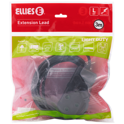 Ellies Side-by-Side Light-Duty Extension Lead - 3m - Black
