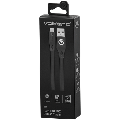 Volkano Slim Series Flat PVC Type-C Cable 1.2m - Black
