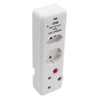Switched 3-Way Medium Surge Adaptor - Schuko with Type-C + USB