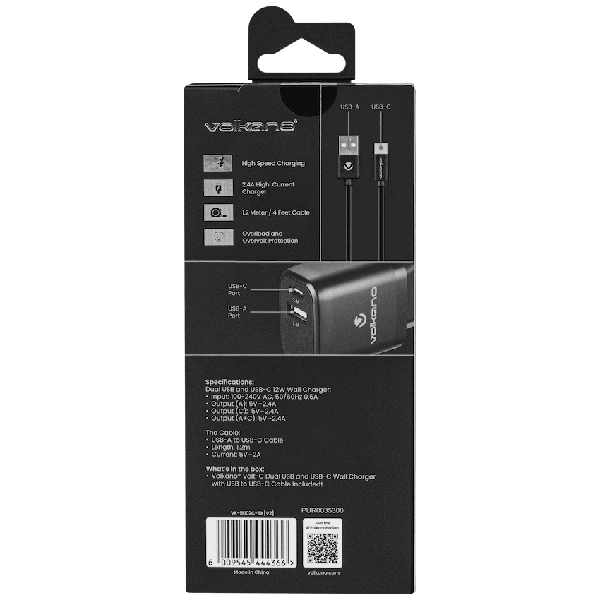 Volkano Volt-C Series Dual USB and USB-C Wall Charger with USB to USB-C Cable Included