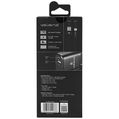 Volkano Volt-C Series Dual USB and USB-C Wall Charger with USB to USB-C Cable Included