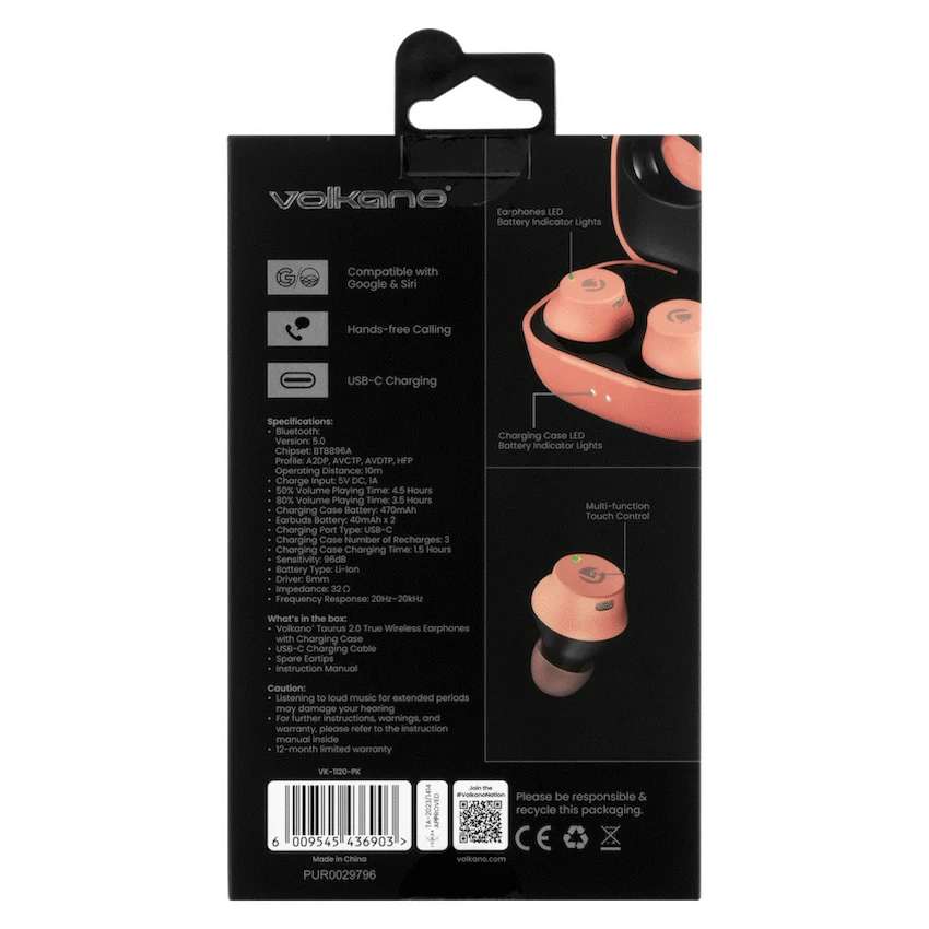 Volkano Taurus Series 2.0 True Wireless Earphones with Charging Case - Pink