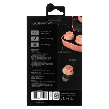 Volkano Taurus Series 2.0 True Wireless Earphones with Charging Case - Pink