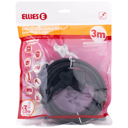 Ellies Side-by-Side Heavy-Duty Extension Lead - 3m - Black