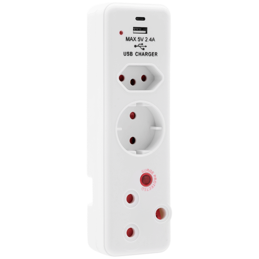 Ellies 3 Way Surge adaptor Schuko,with type C + USB - WT
