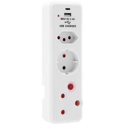 Ellies 3 Way Surge adaptor Schuko,with type C + USB - WT