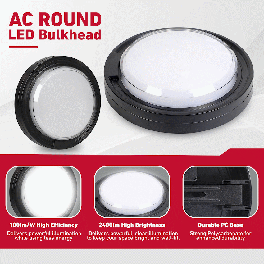 Ellies Cresent Series AC 24W Round LED Bulkhead - PC - BK