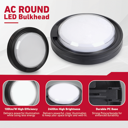 Ellies Cresent Series AC 24W Round LED Bulkhead - PC - BK