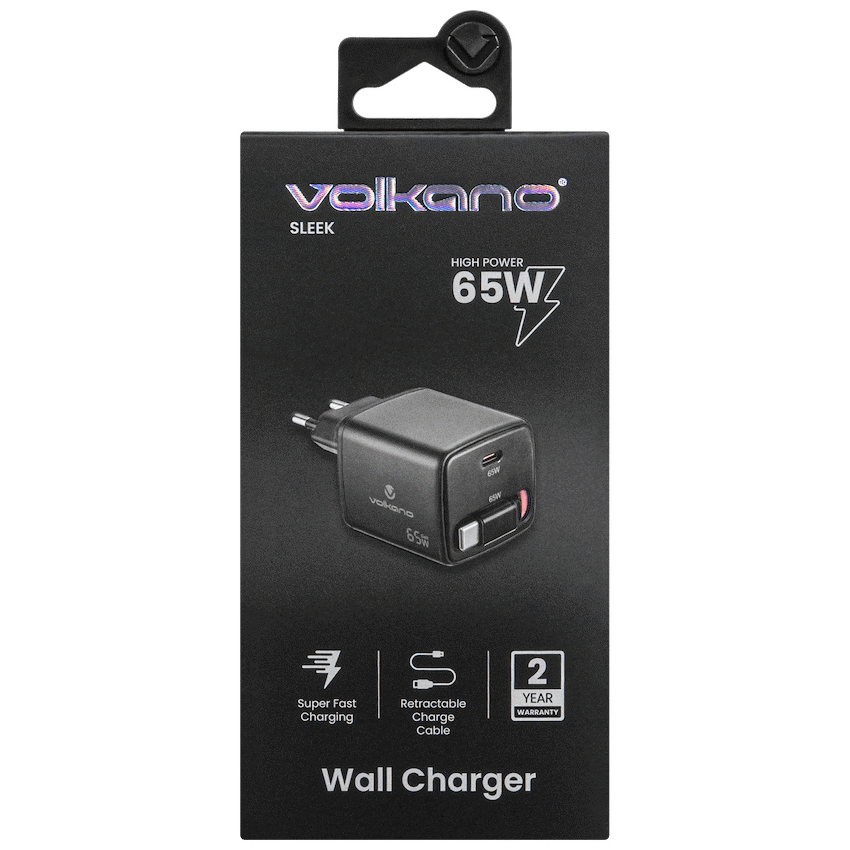 Volkano Sleek Series Fast Wall Charger 65W USB-C with Built-in Retractable 75cm Cable - Black