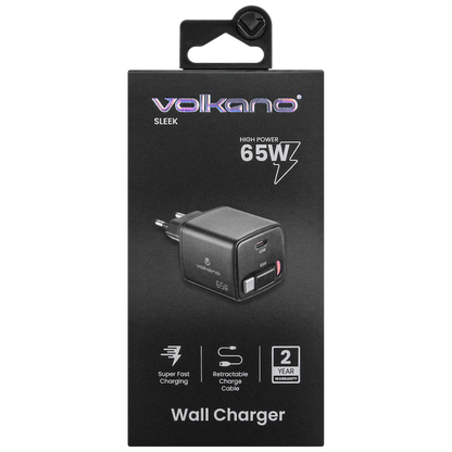Volkano Sleek Series Fast Wall Charger 65W USB-C with Built-in Retractable 75cm Cable - Black
