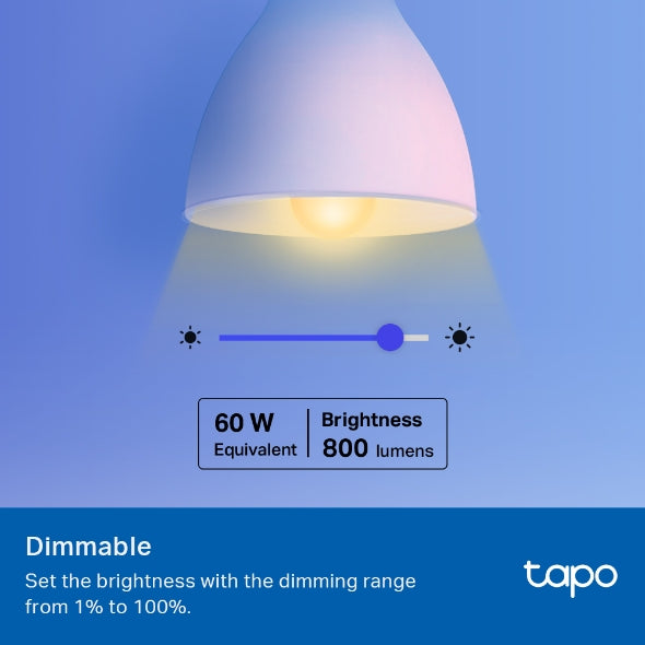 TP-Link Tapo L530E 2 Pack 8.7w Smart Wi-Fi Warm White Light Bulb, Dimmable, A60, E27