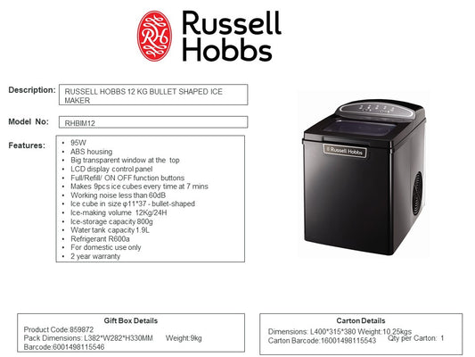 RHBIM12 RUSSELL HOBBS BLACK 12KG ICE MAKER