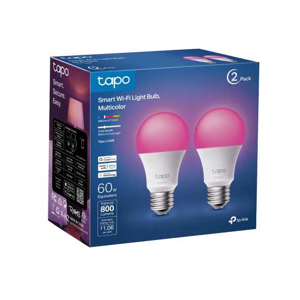 TP-Link Tapo L530E 2 Pack 8.7w Smart Wi-Fi Warm White Light Bulb, Dimmable, A60, E27