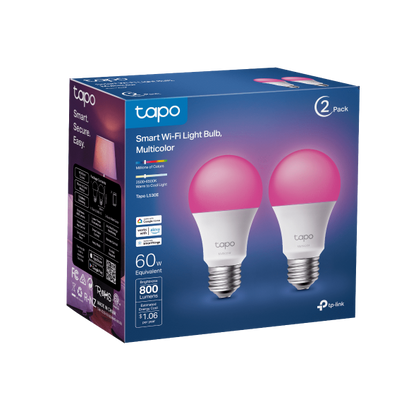 TP-Link Tapo L530E 2 Pack 8.7w Smart Wi-Fi Warm White Light Bulb, Dimmable, A60, E27