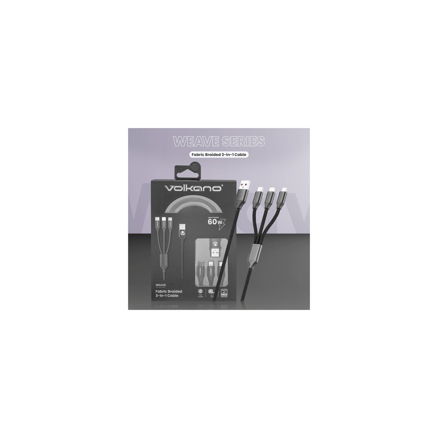 Volkano Weave Series Fabric Braided 3 In 1 Type Clightningmicro Cable 1M Black - Everyday Elektronics South Africa