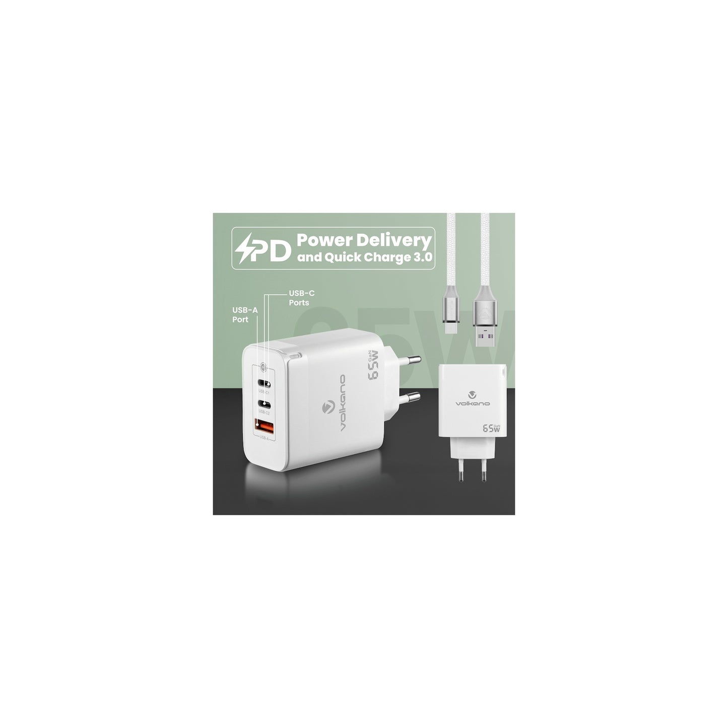 Volkano Potent Trio 65W Gan 3 Port Wall Charger - Everyday Elektronics South Africa
