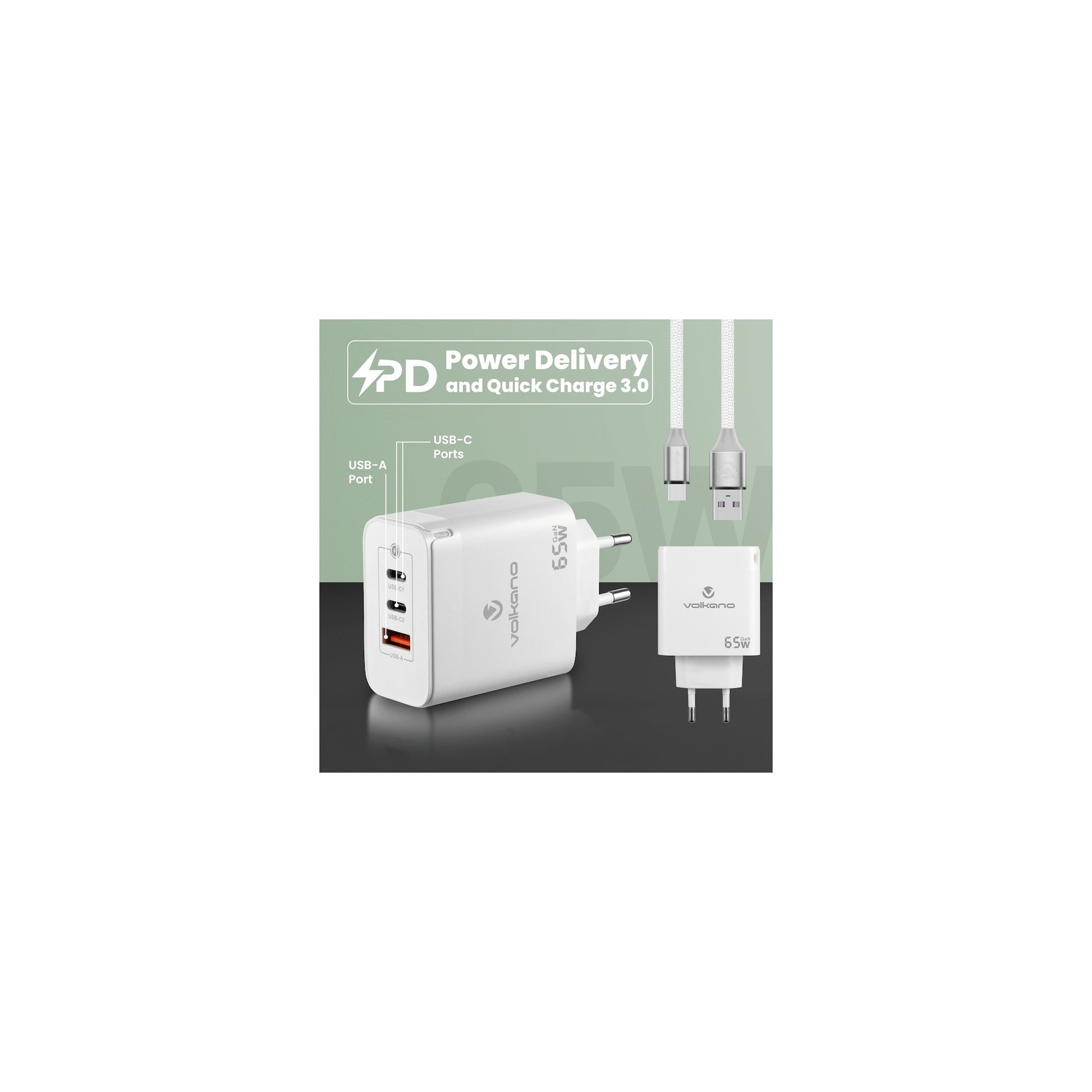 Volkano Potent Trio 65W Gan 3 Port Wall Charger - Everyday Elektronics South Africa